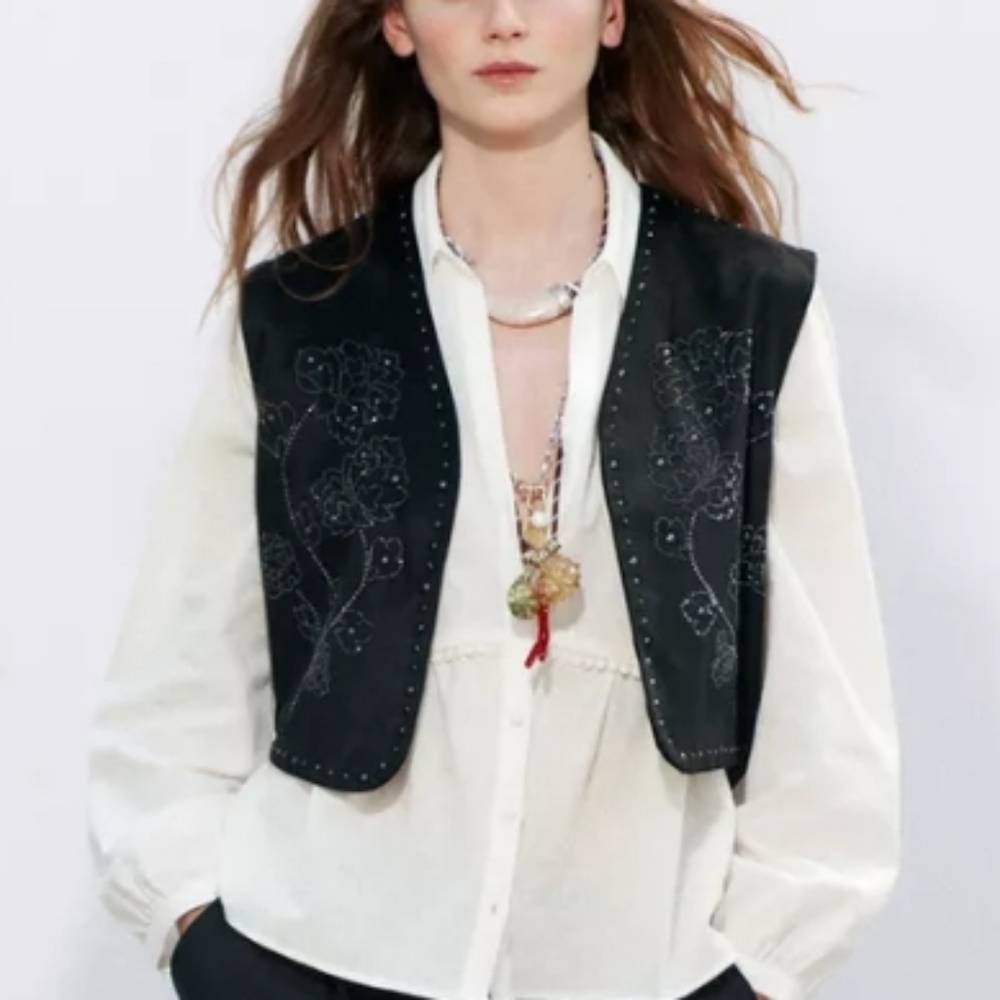Zara Black Embroidered Sparkly Faux Suede Vest Sz-Small